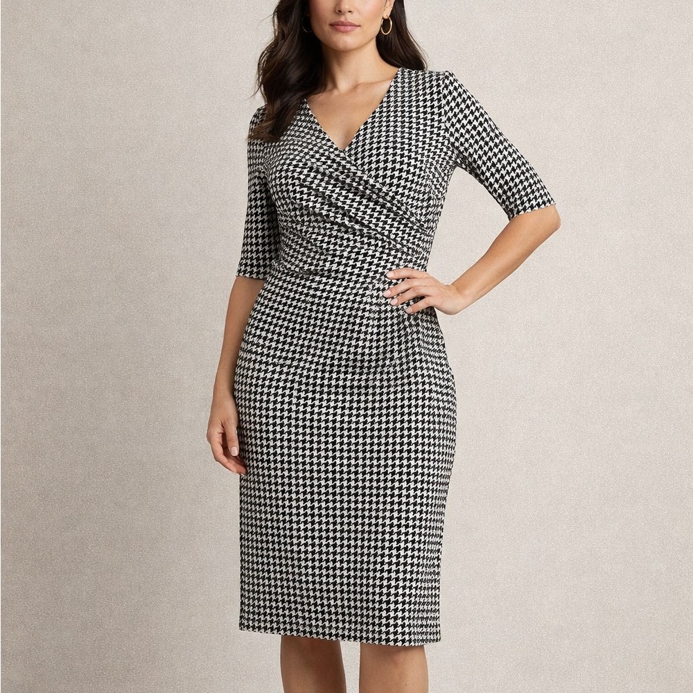 Lauren Ralph Lauren Houndstooth Faux Wrap Dress Black White Career Office Midi